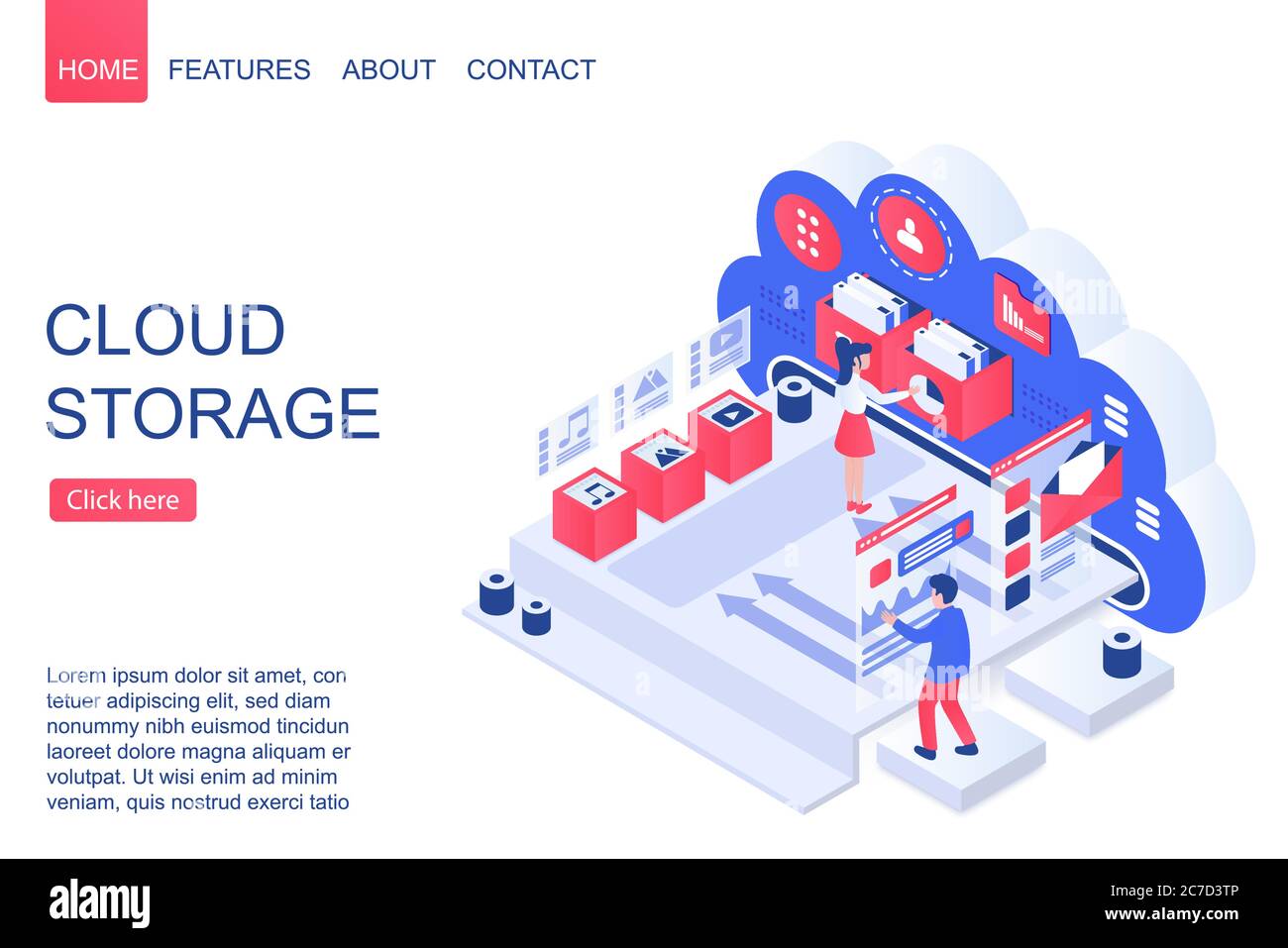Vorlage für isometrische Vektor-Landing-Page für Cloud-Speicher. Datensicherung und Webhosting Website Design Layout. Digital Server, Datenbank und Cloud Computing Services 3d Konzept. Daten hochladen und webstorage Stock Vektor