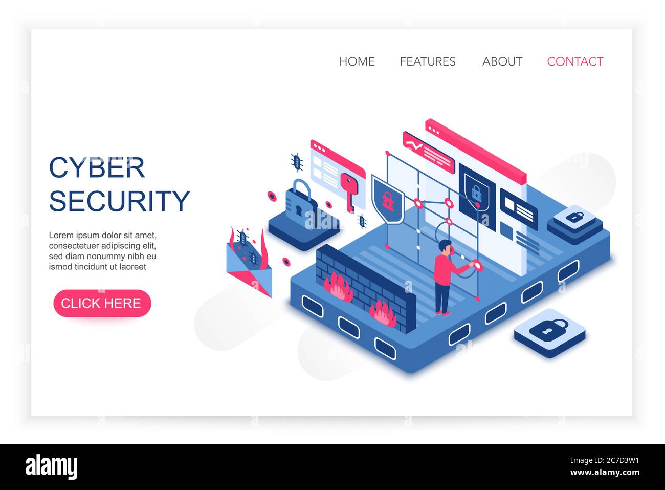 Cyber-Sicherheit, persönliche Cloud-Daten speichern, Datenschutz-Sicherheitskonzept 3d isometrische Web-Vorlage Vektor-Illustration. Personen, die mit virtuellen Bildschirmdiagrammen interagieren und Statistiken analysieren Stock Vektor