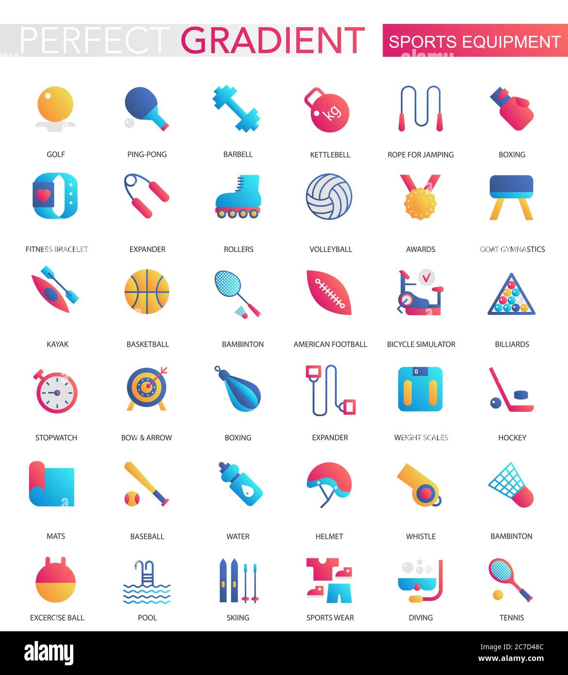 Vektor-Set von trendigen flachen Gradienten Sport Ausrüstung Symbole Stock Vektor