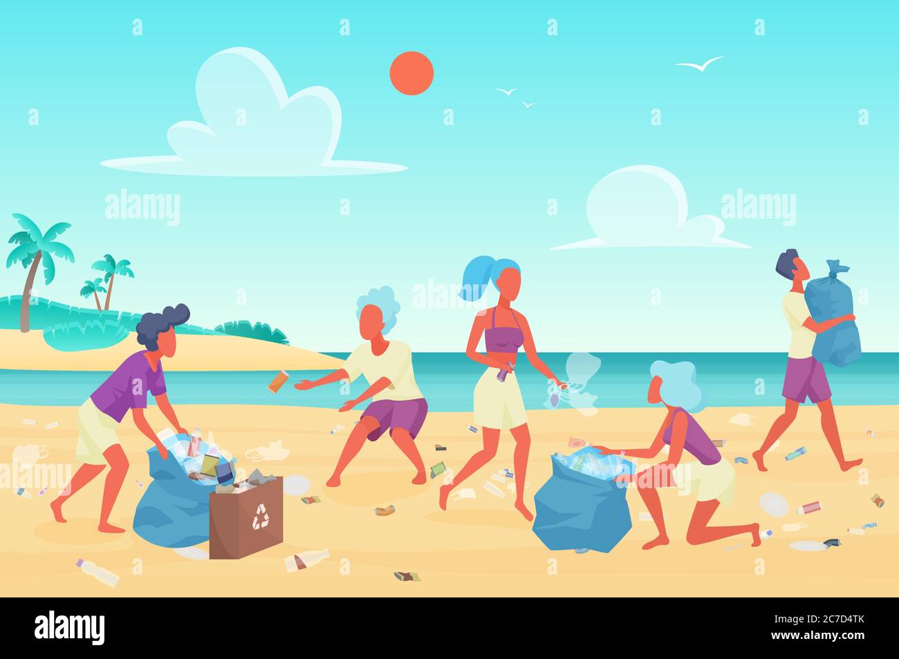 Strand Reinigung flach Vektor-Illustration. Junge Leute, die Plastikmüll am Wasser reinigen. Freiwilligenarbeit und Umweltschutz. Freiwillige räumen Müll auf der Küste stilisierten Zeichen Stock Vektor