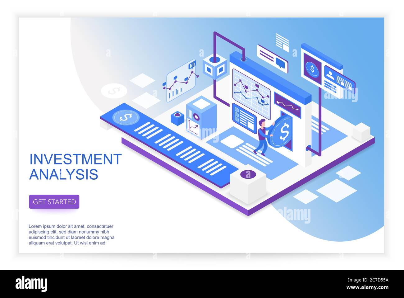 Finanzwachstum und Forschung, Business-Strategie-Management-Analyse, Investmentlösungen moderne 3d isometrische Landing Website-Seite Vorlage Vektor Illustration Stock Vektor