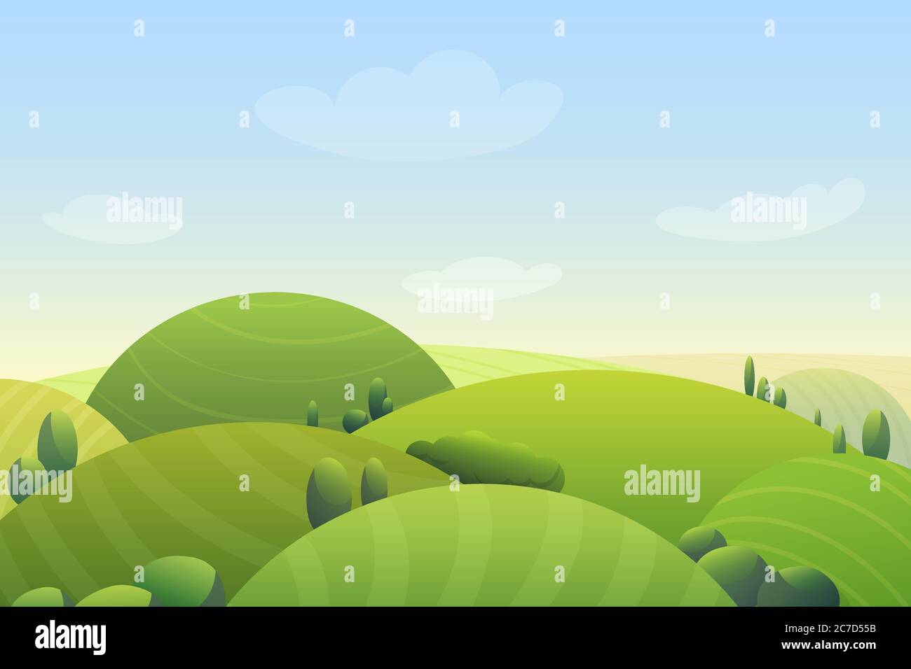 Wolkiger blauer Himmel über grünen Hügeln und grünen Bäumen in Wiese Cartoon niedlichen Vektor-Illustration Stock Vektor