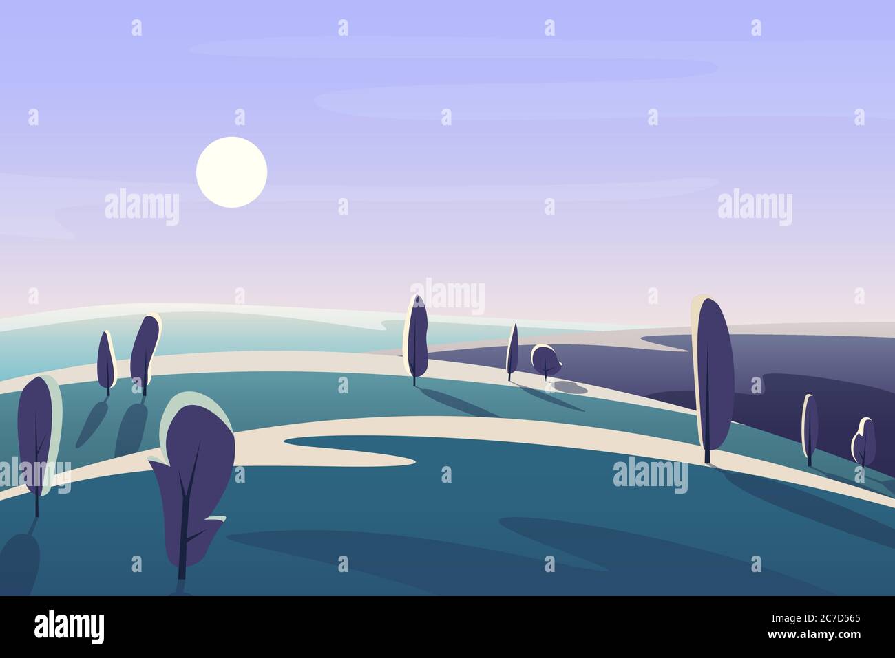 Bäume wachsen auf Hügeln in friedlicher Wiese gegen Himmel mit Mond am frühen Morgen Nacht Vektor-Illustration Landschaft Stock Vektor