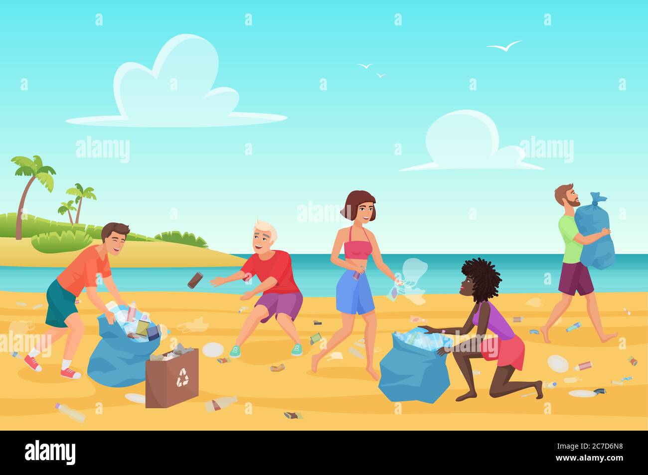 Strand Reinigung flach Vektor-Illustration. Junge Leute, die Plastikmüll am Wasser reinigen. Freiwilligenarbeit und Umweltschutz. Freiwillige räumen Müll auf Küste Comic-Figuren Stock Vektor