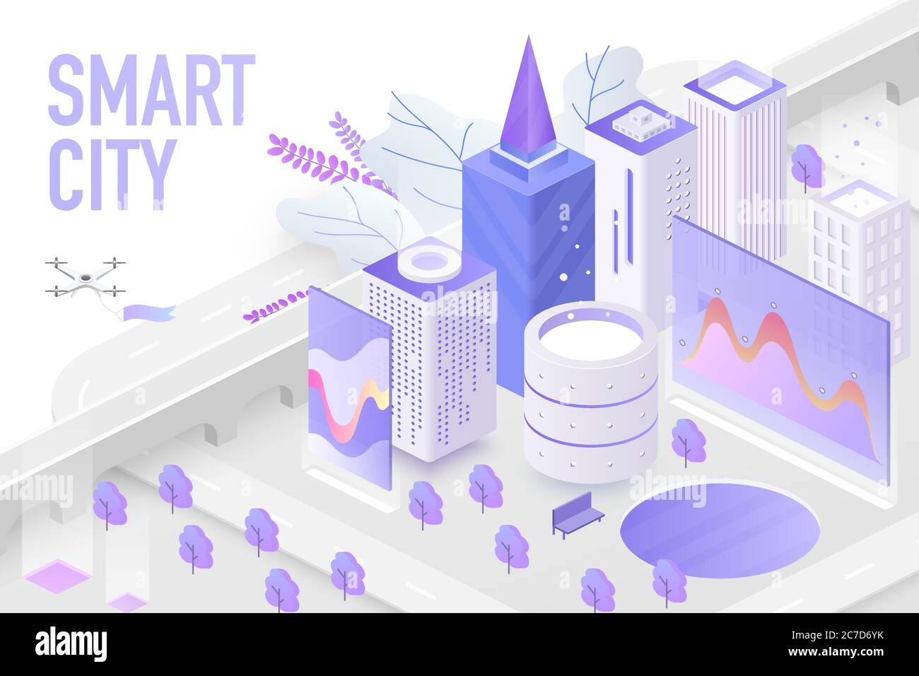 Isometrische Vektordarstellung „Smart City“. Technologiegeräte mit automatisierten Steuerungssystemen. Moderne 3d-Wolkenkratzer, Smartphone, Kartenbildschirm. Zukunftsweisende nachhaltige Metropole mit digitalen Technologien Stock Vektor