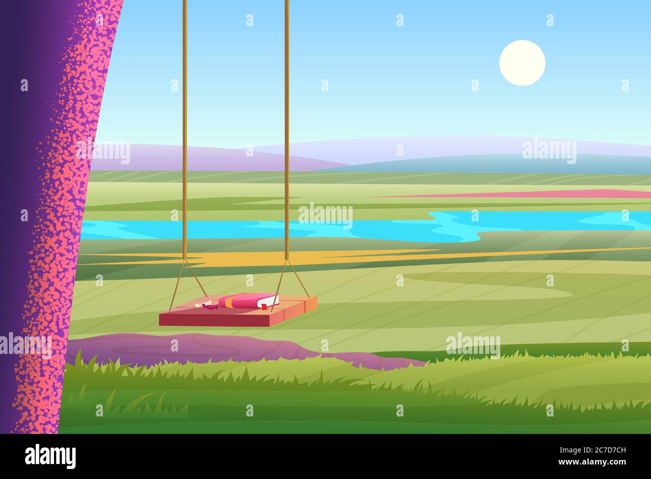 Entspannender Sommer sonniger Tag helle Ansicht der stilisierten Cartoon-Landschaft. Buch auf der Holzschaukel mit Blick auf den Fluss. Vektorgrafik Stock Vektor
