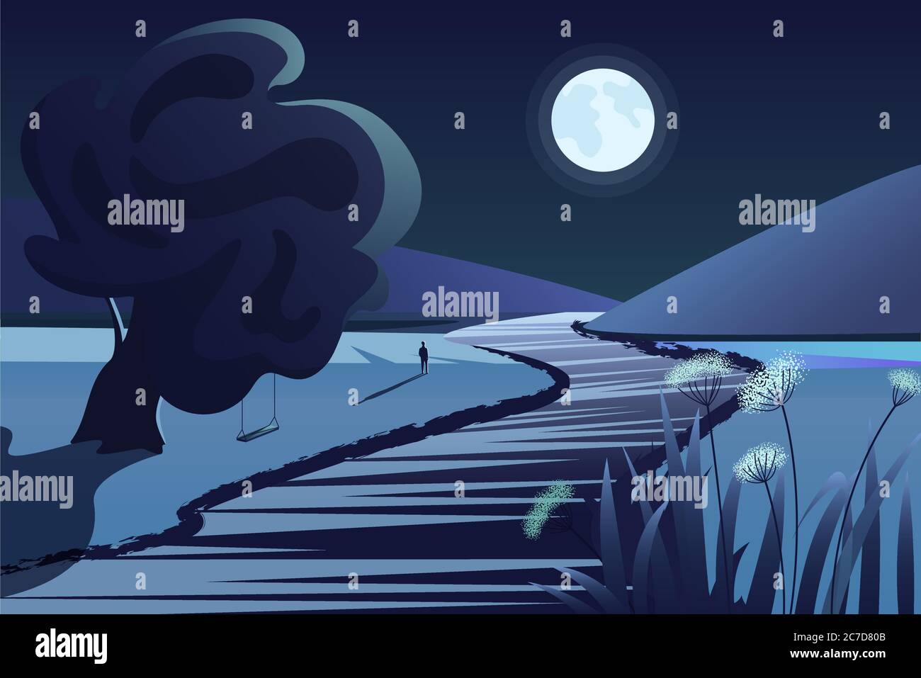 Fluss oder See in der Nähe von Bergen in der tiefen Nacht. Cartoon ländliche Natur Landschaft mit tiefem Mond und Fluss Reflexionen Vektor Illustration Stock Vektor