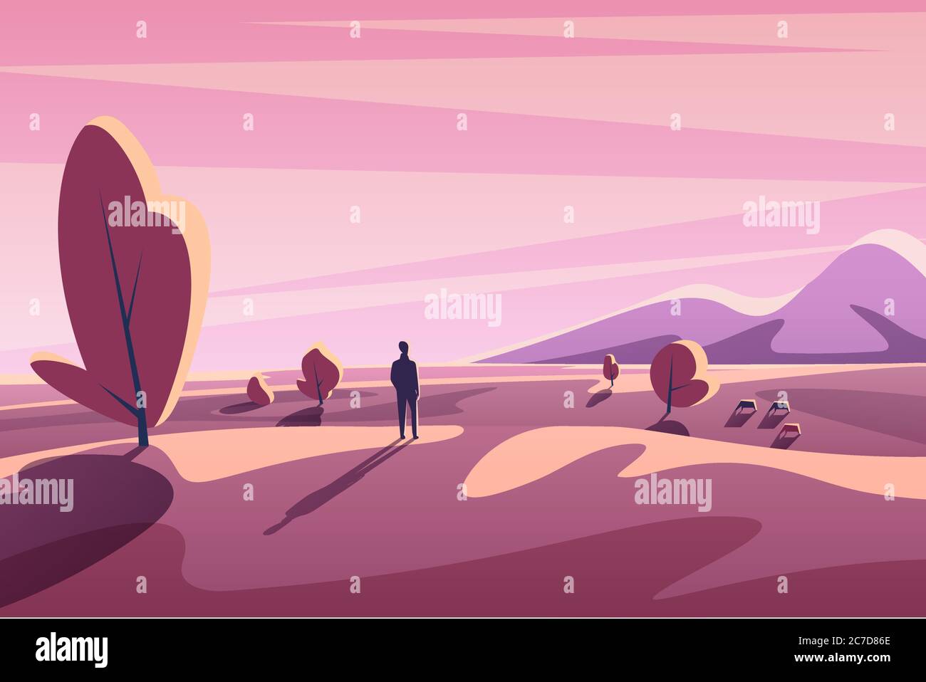 Allein junger Mann, der auf Sonnenuntergangslandschaft mit Bergen, Bäumen, Tieren schaut. Fantasy minimalistischen Cartoon flache Vektor-Illustration Stock Vektor