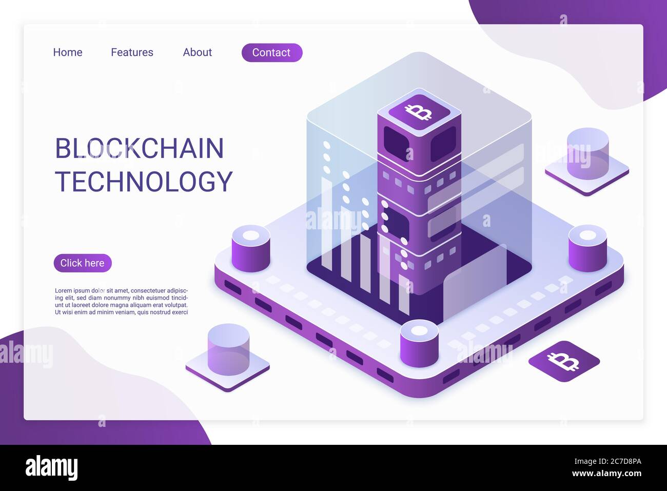 Blockchain-Technologie .Landing Page Vektor-Vorlage. Bitcoin Finanztransaktionen, e Billing Service Website Layout. Krypto-Mining, Blockchain 3d-Konzept. Elektronischer Währungsmarkt Stock Vektor