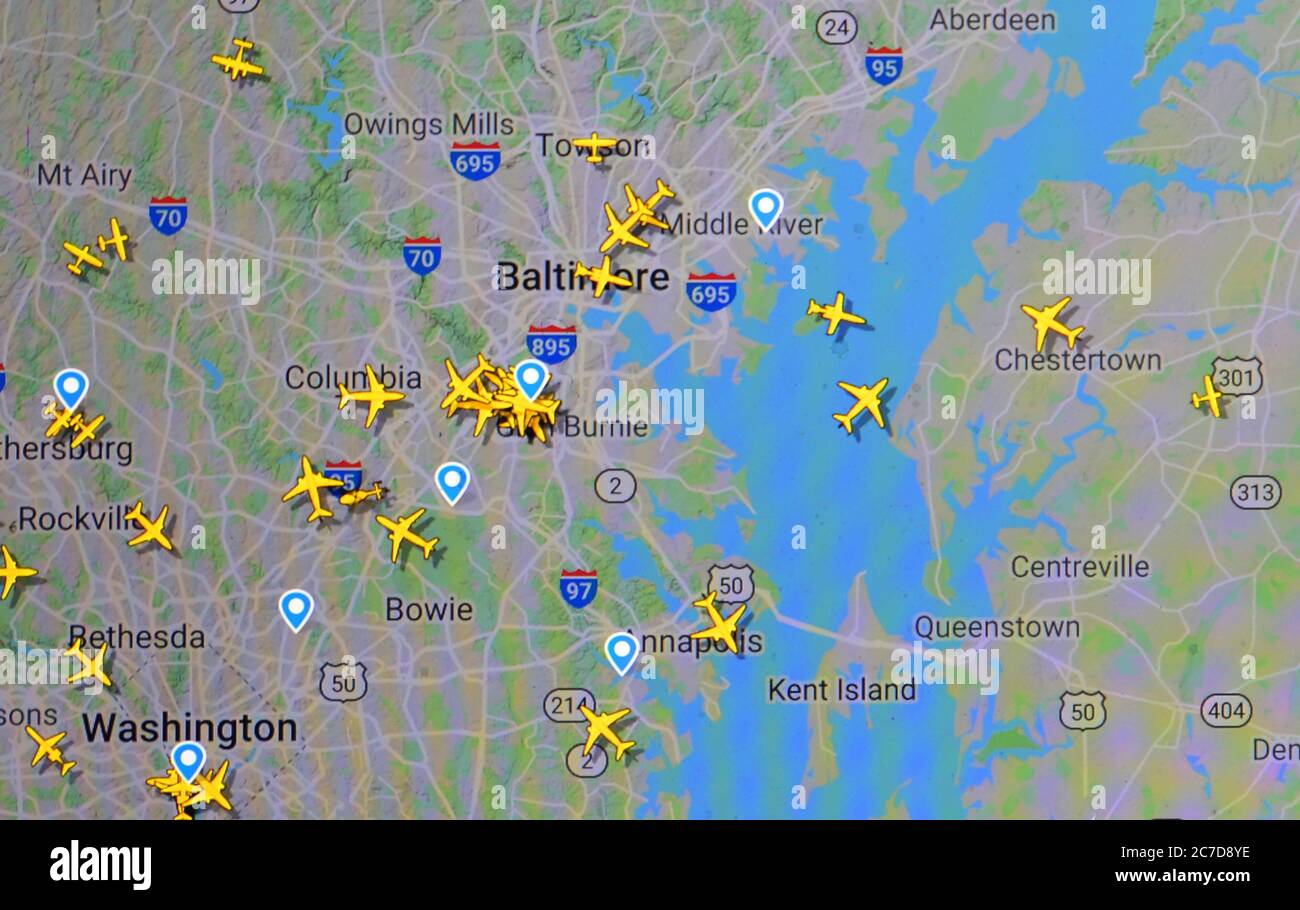 Luftflins über Baltimore, USA (16. juli 2020, UTC 14.42) im Internet mit Flightradar 24-Standort, während der Coronavirus-Pandemie-Periode Stockfoto