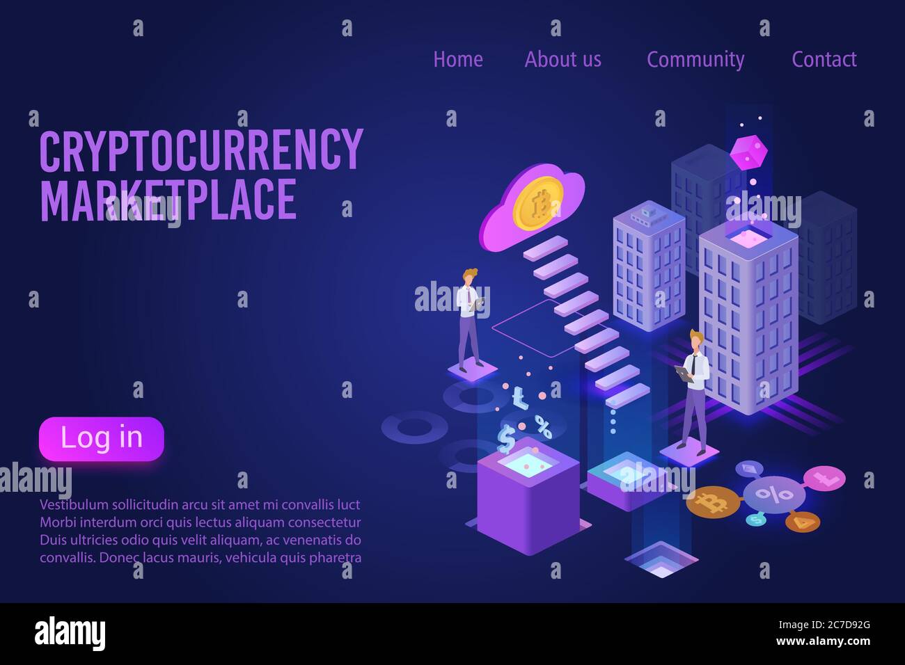 Kryptowährung Marktplatz Landing Page isometrische Vektor-Vorlage. Blockchain-Technologie, Netzwerk Business 3d-Konzept. Cryptocoin-Bergbau. Digitales Geld. Online-Zahlung Website ultraviolettes Licht Homepage Layout Stock Vektor