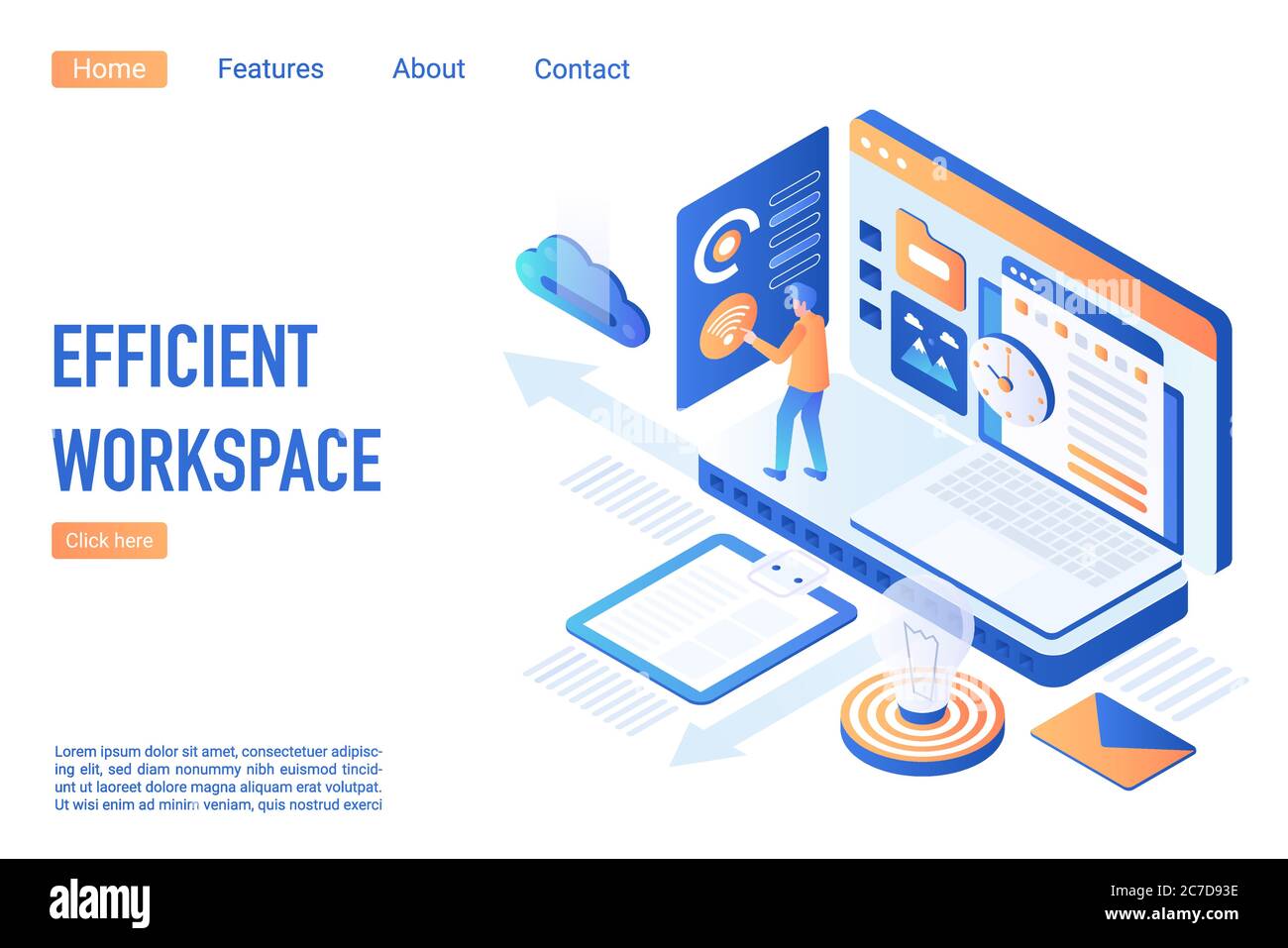Effiziente Landing Page isometrischer Vektor-Vorlage für den Arbeitsbereich. Workflow-Optimierung 3d-Konzept. Teambildung und Management. Geschäftsprozess Effizienz, Arbeitsaktivität Website Homepage Layout Stock Vektor