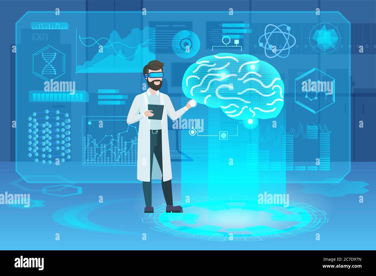 Menschliches Gehirn futuristisches medizinisches Hologramm mit Doktor Wissenschaftler Zeichenvektor Illustration. Gehirnmodell Screening ar Schnittstelle. Diagramme, Infografiken für Kreisdiagramme. Symbole für Medizin und Gesundheitswesen Stock Vektor