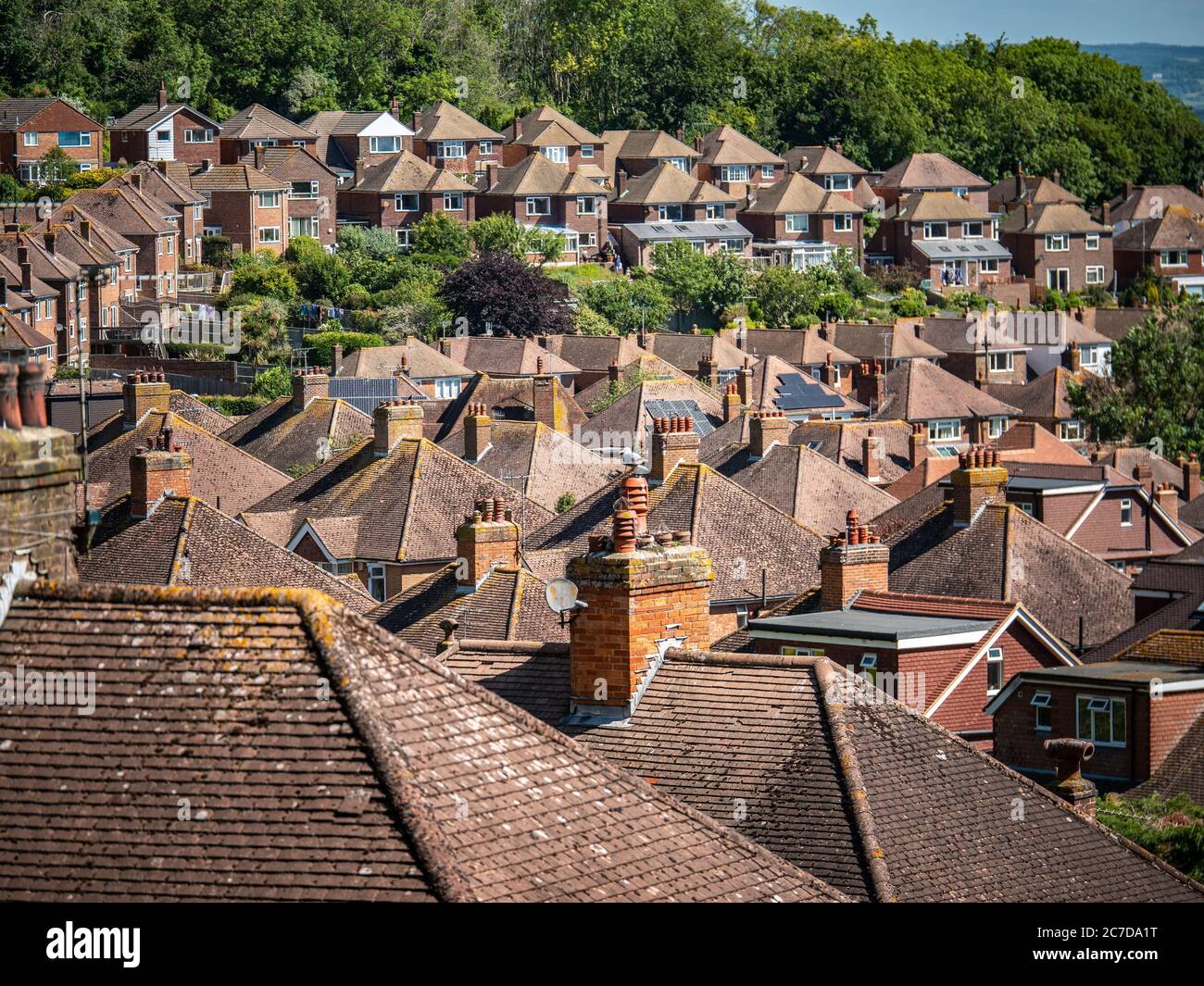 Dächer In Den Vororten. Ein Blick über die englische Wohnsiedlung in den 1950er Jahren am Rande von Eastbourne, die von einem alten Waldgebiet mit Grüngürtel umgeben ist. Stockfoto
