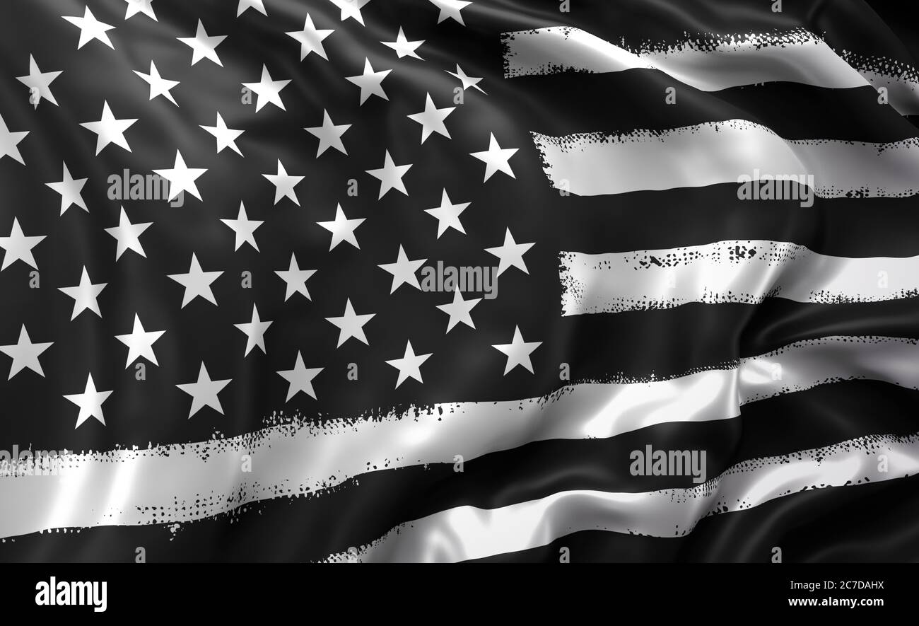 Schwarze Leben Materie Flagge weht in den Wind. Ganzseitige gestreifte schwarz-weiße USA-Flugflagge. 3D-Illustration. Stockfoto