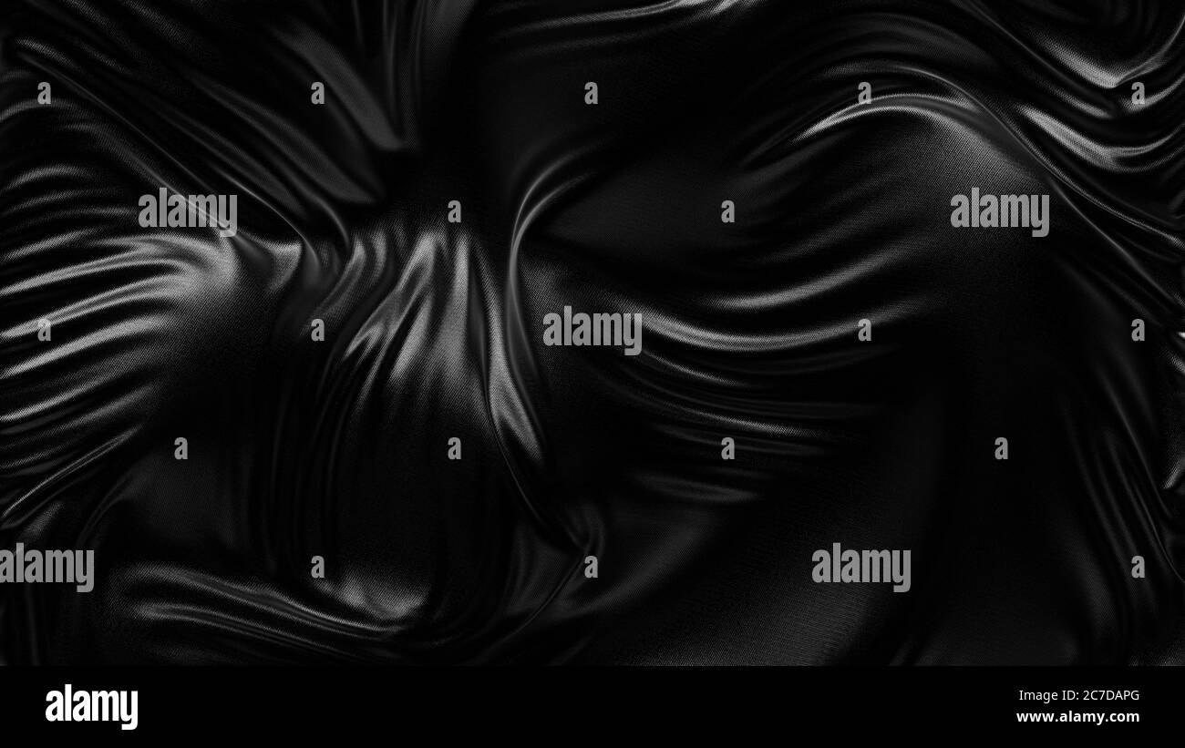 Abstrakt schwarzer Stoff Hintergrund mit Wellen und Falten. Schwarze Stoffstruktur. Winkende schwarze Stoffflagge. 3d-Rendering. Stockfoto