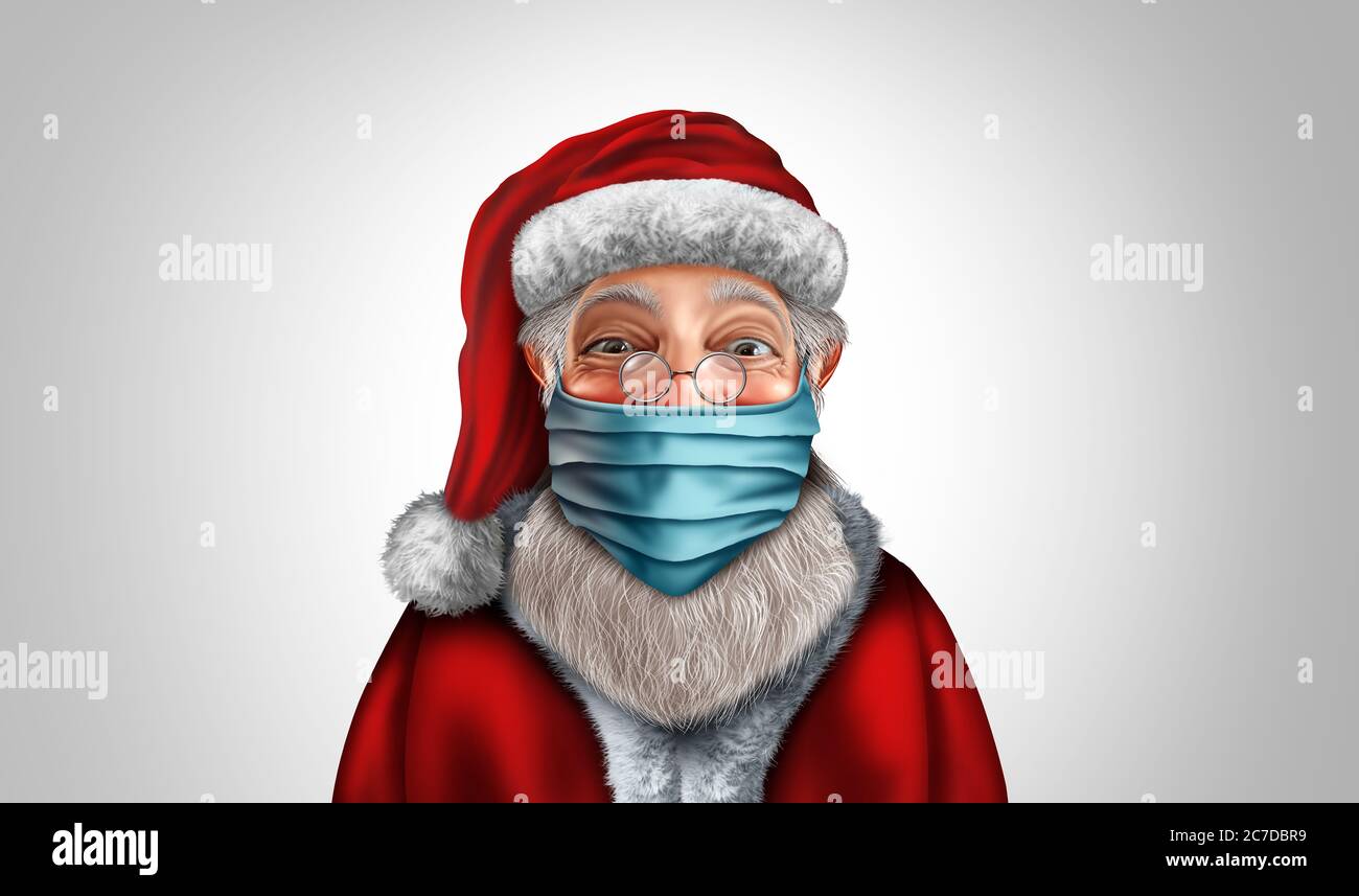 Weihnachtsmann trägt eine Gesichtsmaske Konzept als Weihnachtsfeiertag Saison Symbol für Gesundheit und Gesundheit Prävention von Krankheiten als medizinische Geräte. Stockfoto