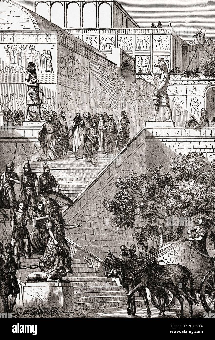 Imaginäre Restaurierung eines assyrischen Palastes. Nach einer Illustration eines nicht identifizierten Künstlers. Stockfoto