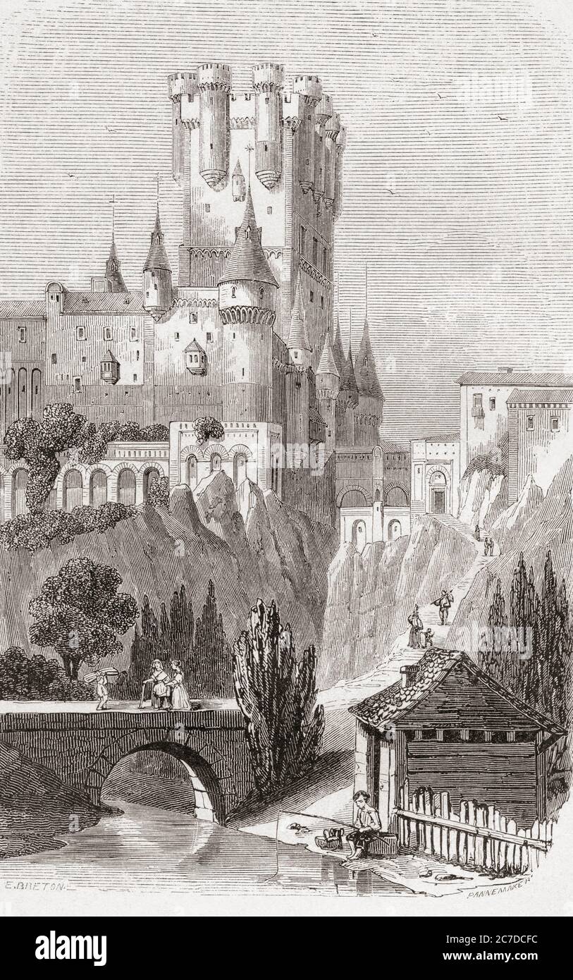 Der Alcázar von Segovia, Segovia, Kastilien und León, Spanien, hier um 1838 gesehen, bevor ein Brand die meisten Dächer beschädigte. Aus Monuments de Tous les Peuples, veröffentlicht 1843. Stockfoto