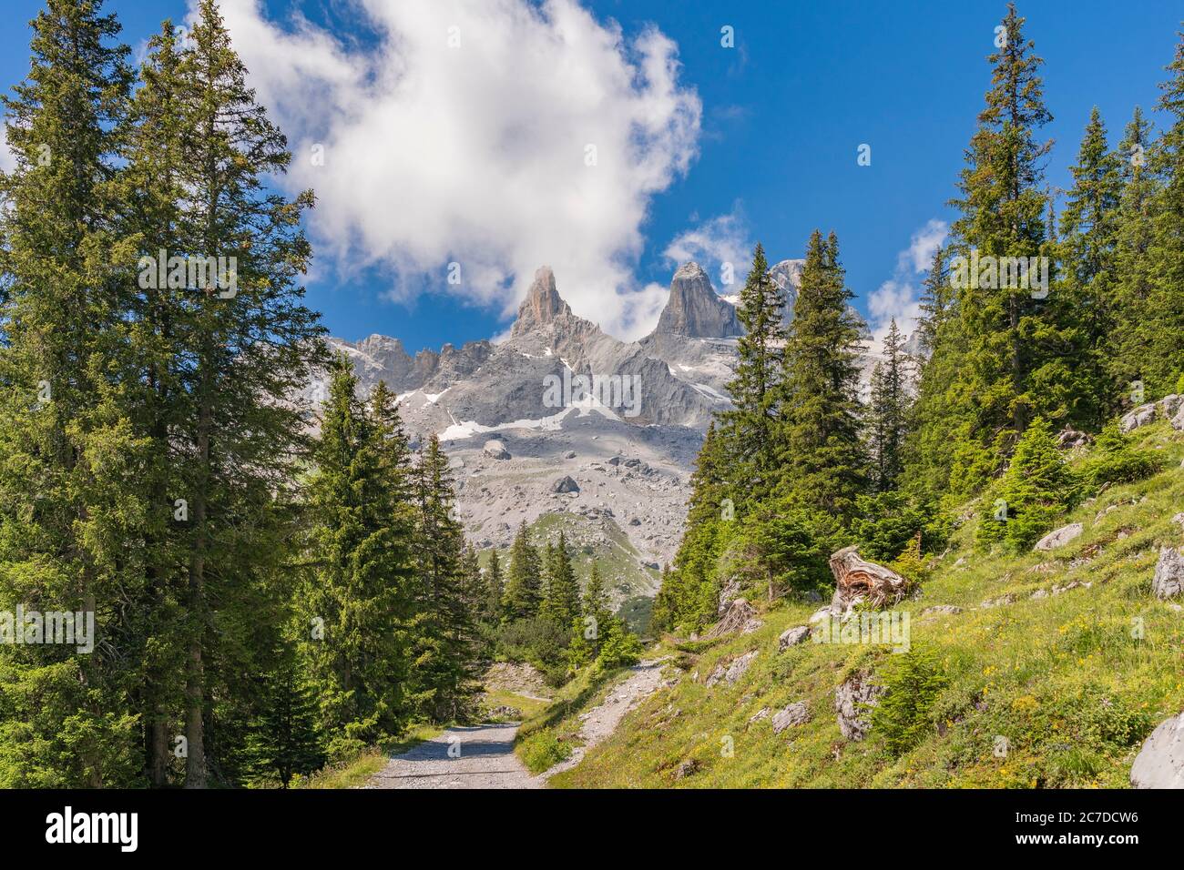 Felsige Berglandschaft mit den Gipfeln der Drusenfluh und den drei Türmen im Montafontal bei Tschagguns, Vorarlberg, Österreich Stockfoto