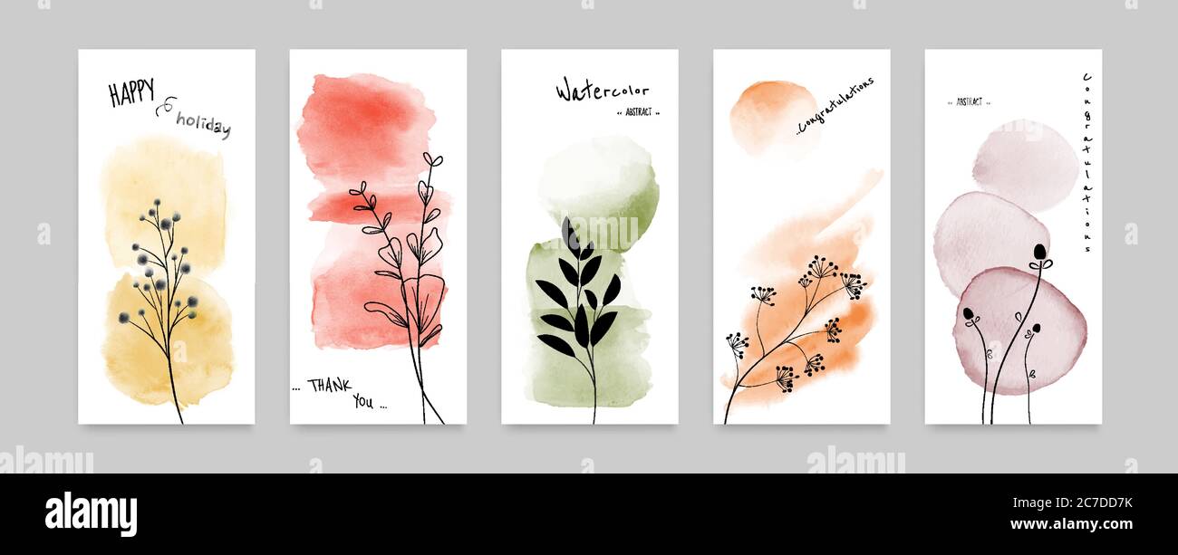 Set von Karten Abstrakt Doodle Herbst Blumen Design mit Flecken Hand bemalt Aquarell Hintergrund kombiniert. Künstlerische Vektor als dekorative Gestaltung verwendet o Stock Vektor