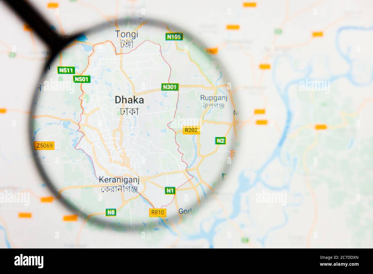 Dhaka, Bangladesh Stadt Visualisierung illustrative Konzept auf Bildschirm durch Lupe Stockfoto