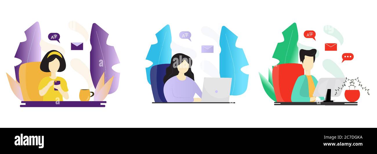 Die Menschen arbeiten an Laptops und studieren ferngesteuert. Sprachen von zu Hause lernen, während Pandemie. Online-Bildung Konzept isoliert Vektor Illustration Stock Vektor