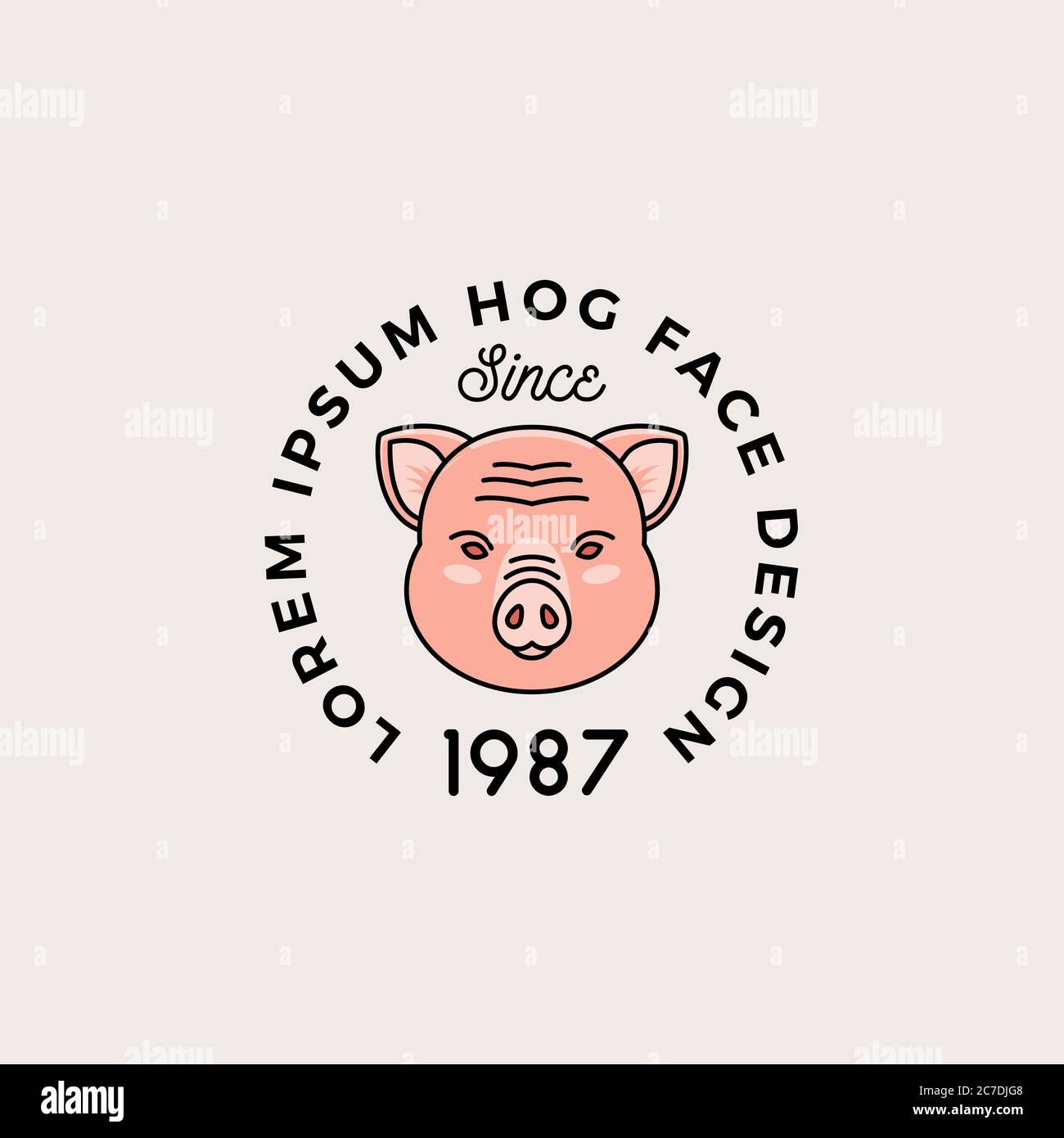 Strichstil-Hog-Gesicht mit Retro-Typografie. Abstraktes Vektorzeichen, Symbol oder Logo-Vorlage. Cartoon Schwein Kopf Silhouette. Stock Vektor