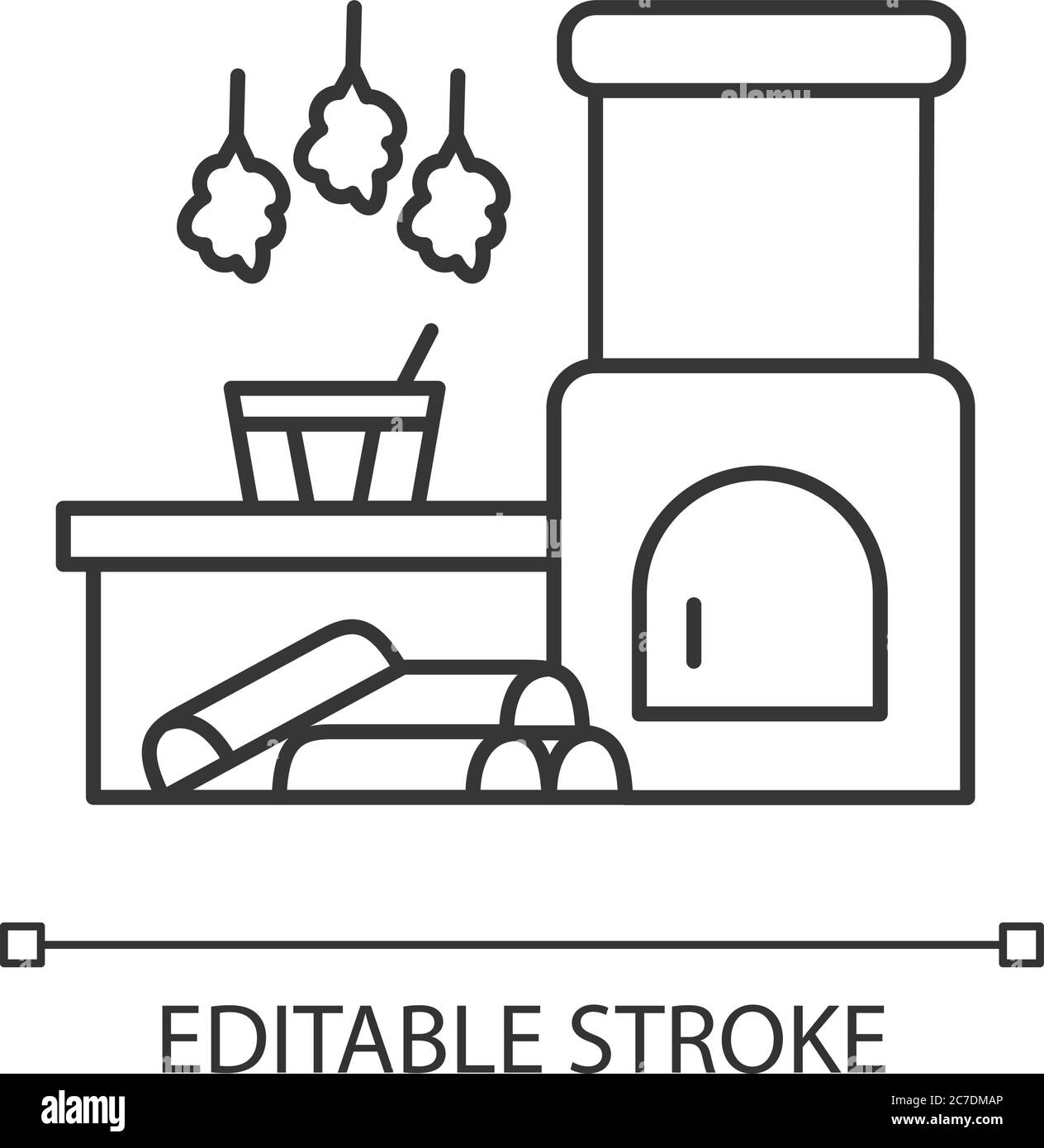 Russische Banya Pixel perfekte lineare Symbol. Traditionelle Badehaus auf Brennholz dünne Linie anpassbare Illustration. Kontursymbol. Sauna Entspannung. Vect Stock Vektor