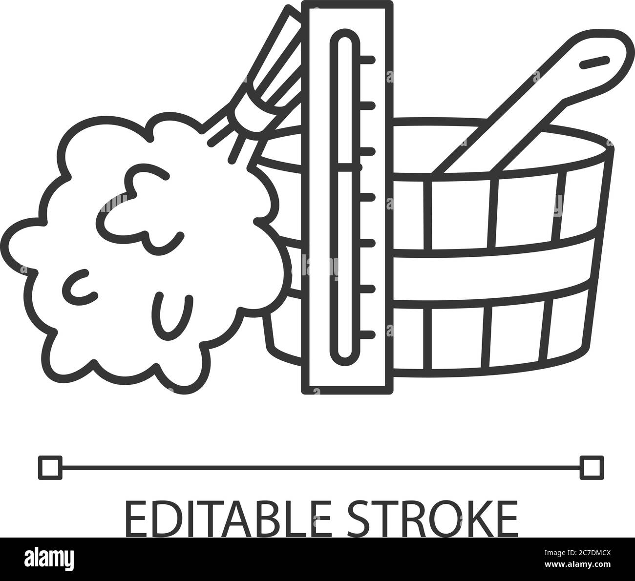 Sauna Zubehör Pixel perfekte lineare Symbol. Badehaus Entspannung, Dampf-Therapie dünne Linie anpassbare Illustration. Kontursymbol. Banya-Attribute Stock Vektor