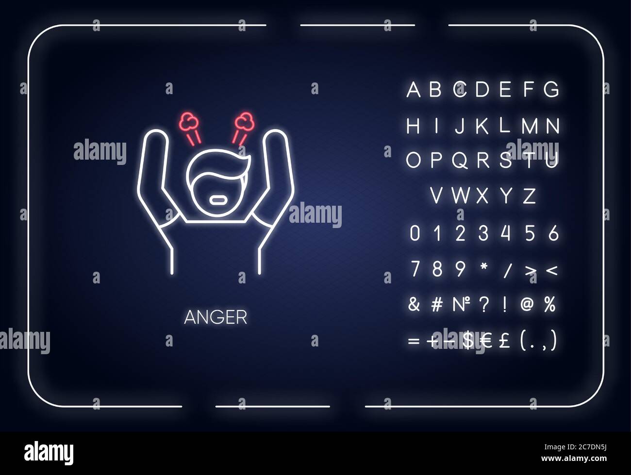 Neonlicht-Symbol für Anger. Äußerer Leuchteffekt. Negative Emotion, schlechte Laune Zeichen mit Alphabet, Zahlen und Symbolen. Stressmanagement-Problem. Verärgerte Pers Stock Vektor