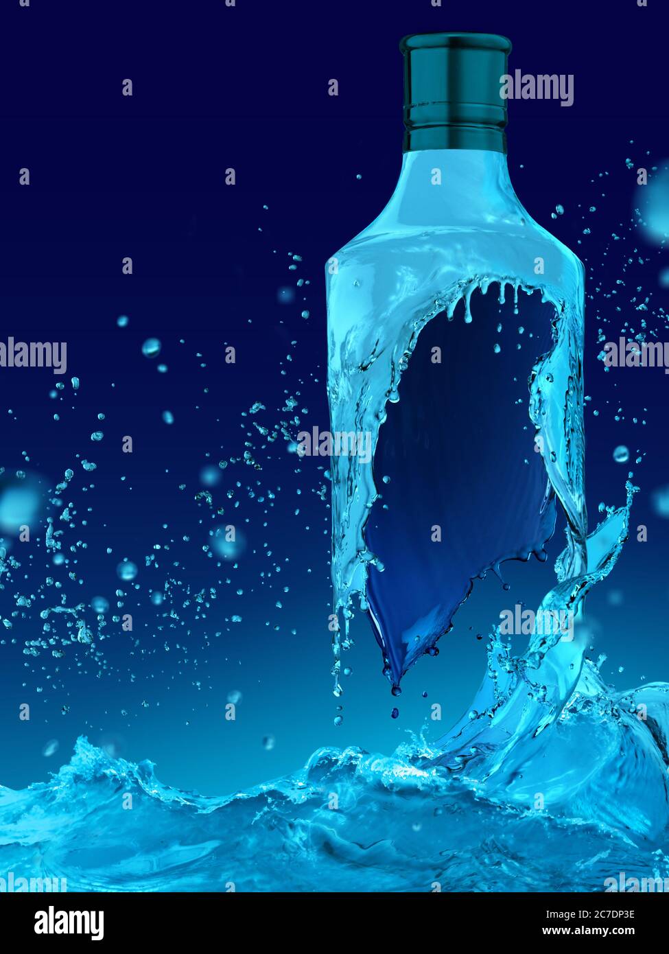 Blue Water Splash Krone Form auf Wasseroberfläche mit Bombai Wodka-Flasche isoliert, Studio-Foto in großer Größe und hoher Auflösung Stockfoto