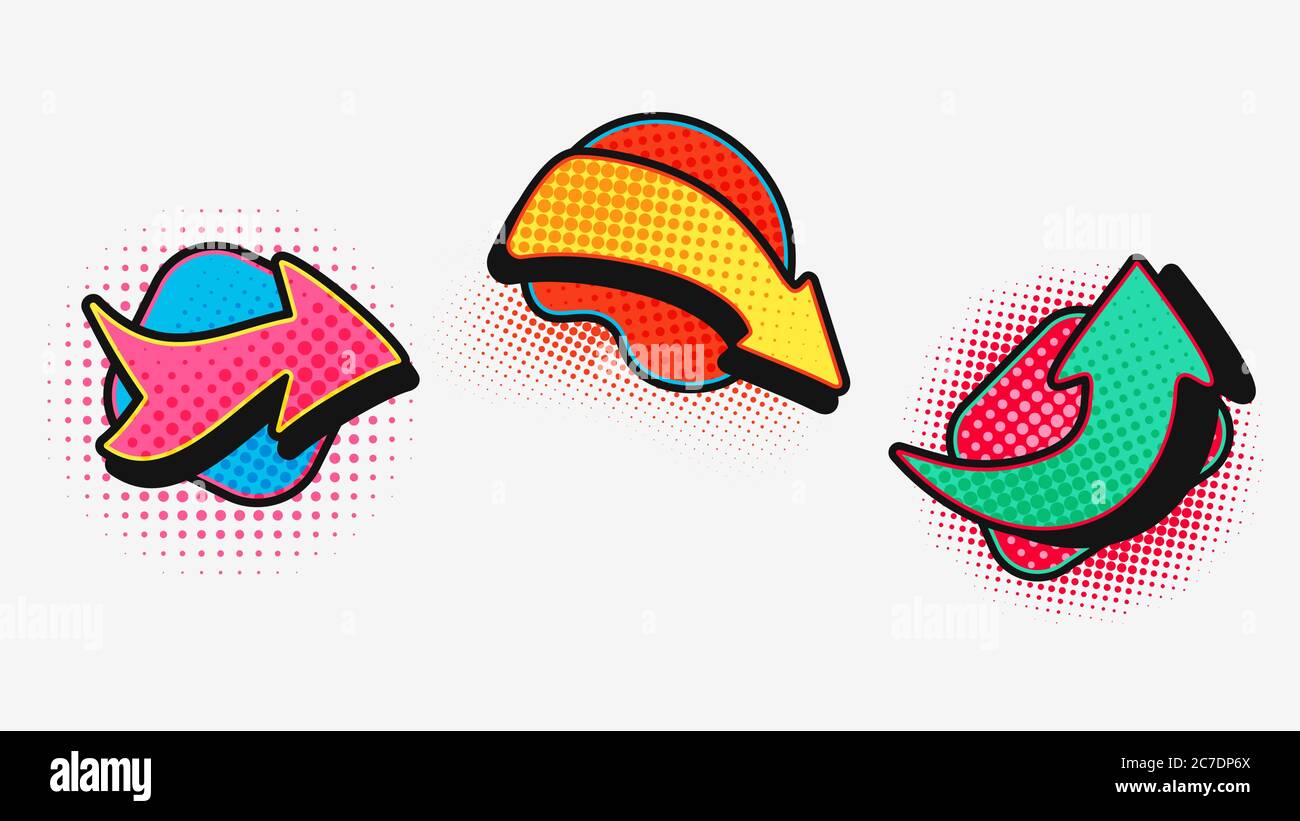 Pop Art-Pfeil gesetzt. Moderne grafische Gestaltung von Zeigern in Comic-Einstellung rot Guide grün zappelnd. Stock Vektor