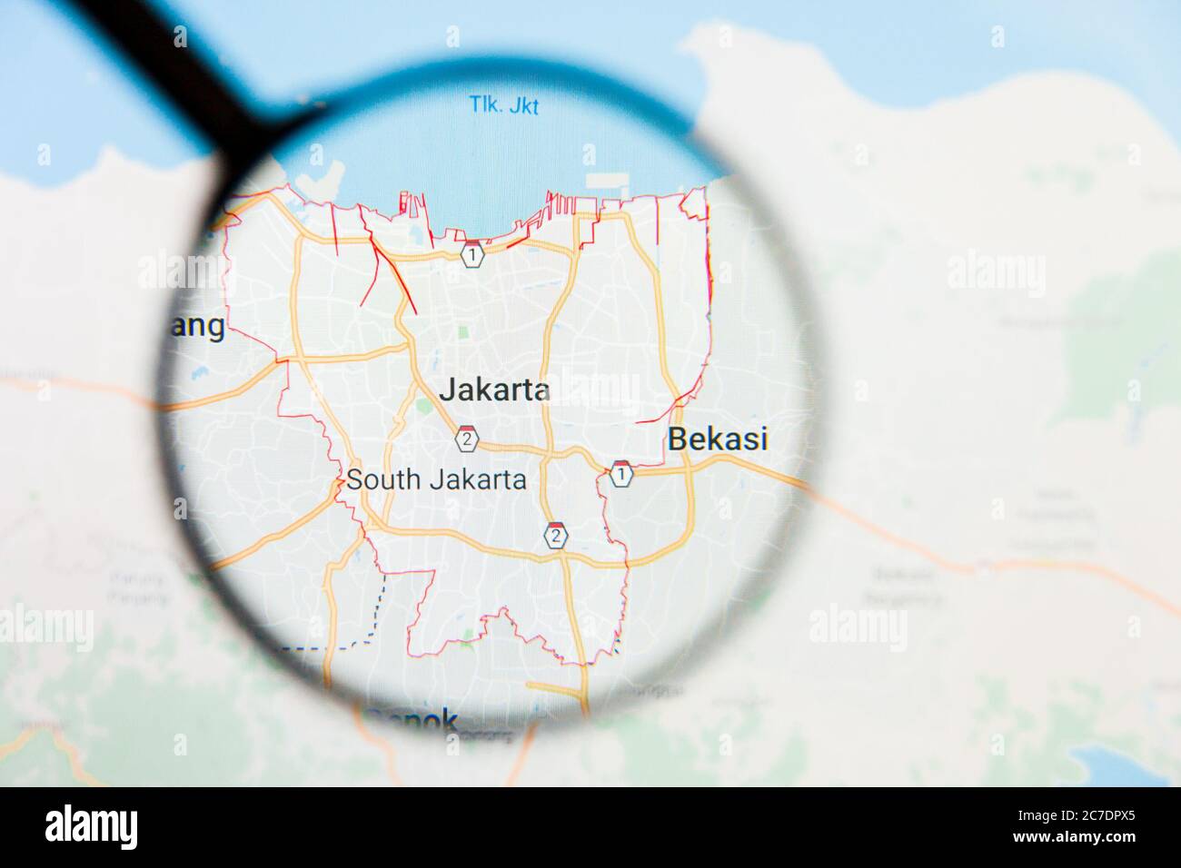 Jakarta, Indonesien Stadtvisualisierung illustratives Konzept auf Display-Bildschirm durch Lupe Stockfoto