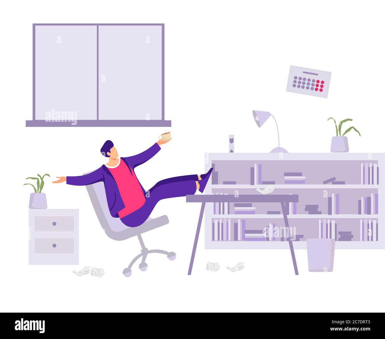 Arbeiter-Slipper im Büro Illustration. Die Lounges mit männlichem Charakter während der Arbeit sind mittelmäßige Angestellte. Stock Vektor