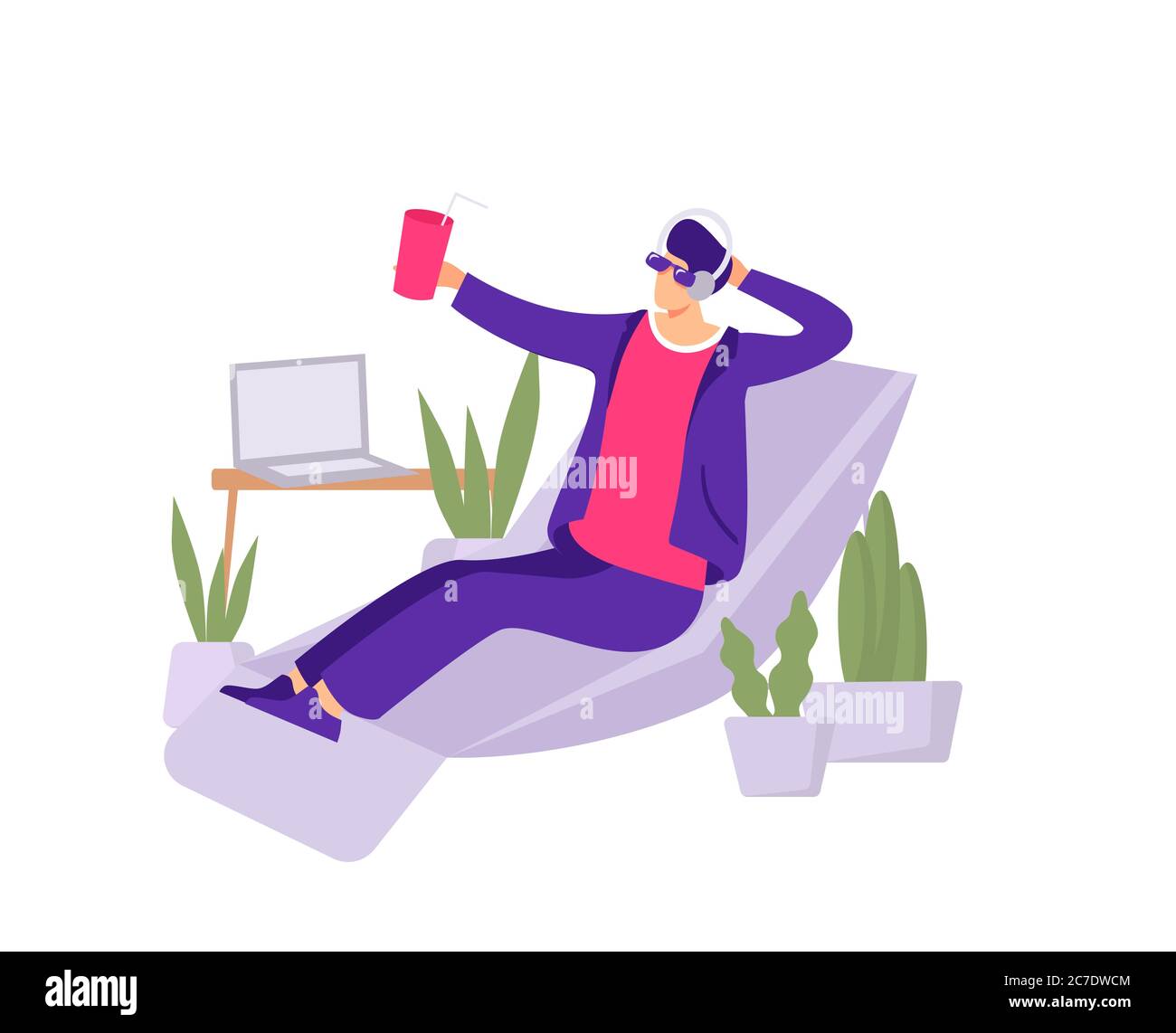 Illustration für Urlaub im Büro. Ein Mitarbeiter stellt sich am tropischen Strand vor, während er in einem Sessel bei der Arbeit sitzt. Stock Vektor