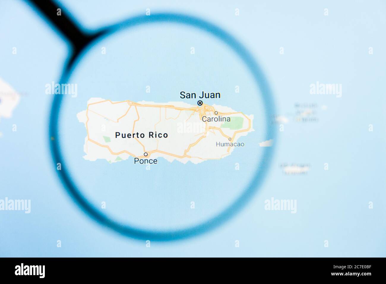 Los Angeles, California, USA - 15. März 2019: Puerto Rico, PR State of America Visualisierung illustratives Konzept auf dem Bildschirm durch Vergrößerungen Stockfoto