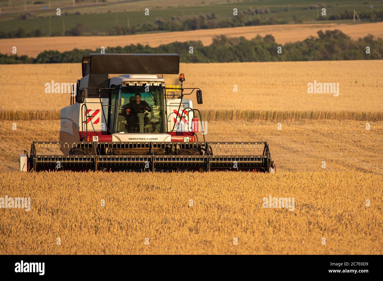 Saratov, RUSSLAND - 10. Juli 2020: Mähdrescher bei der Arbeit Ernte ein Feld von Weizen . Hochwertige Fotos Stockfoto