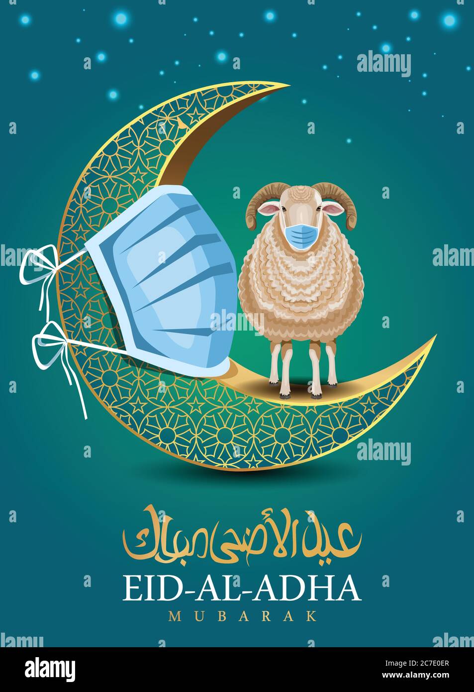 Islamische Holiday Eid Al Adha Mubarak mit Schaf, Maske und Halbmond. Design for Islam Festival Kurban Bayram Karte oder Poster Stock Vektor