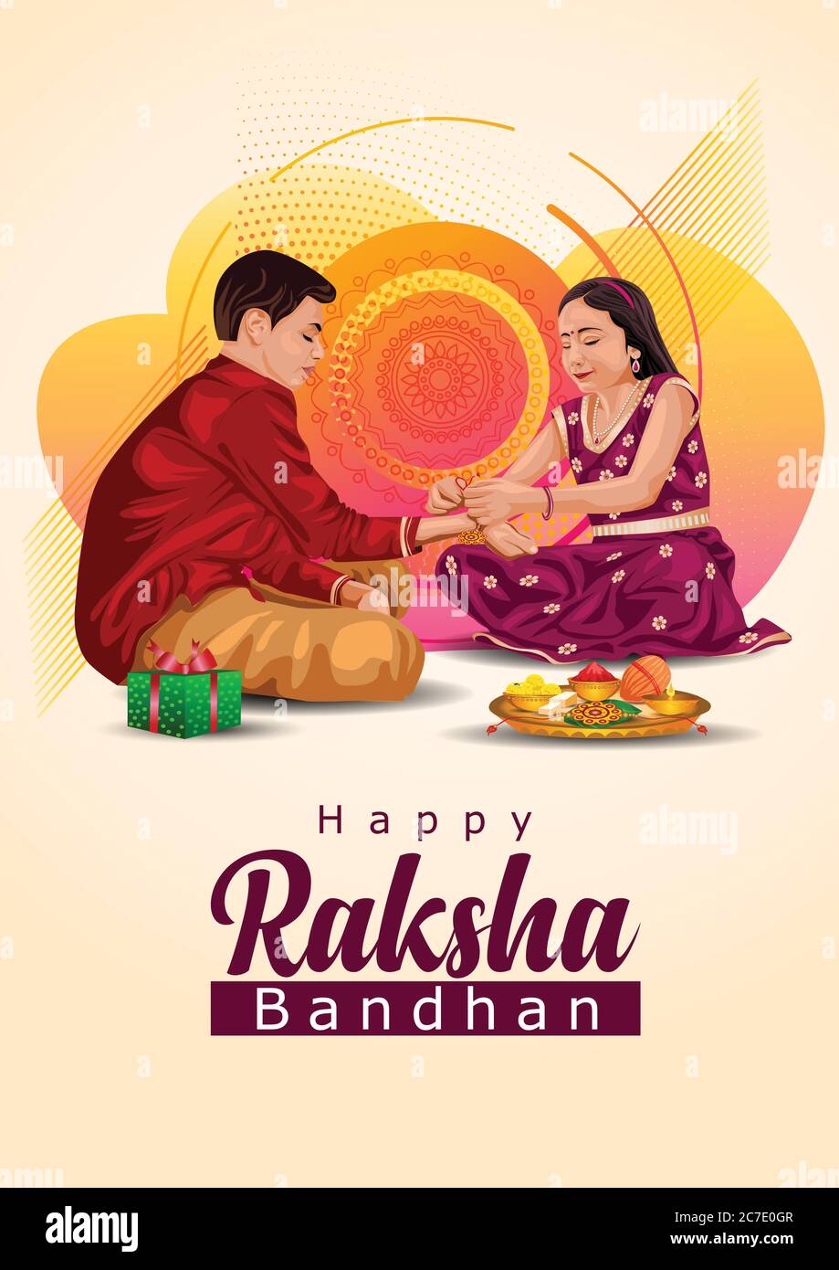 Indischer Bruder und Schwester tragen chirurgische Maske. Happy Raksha Bandhan Festival. Rakhi Feier in indien Vektor-Illustration. Covid-19 Corona-Virus Stock Vektor