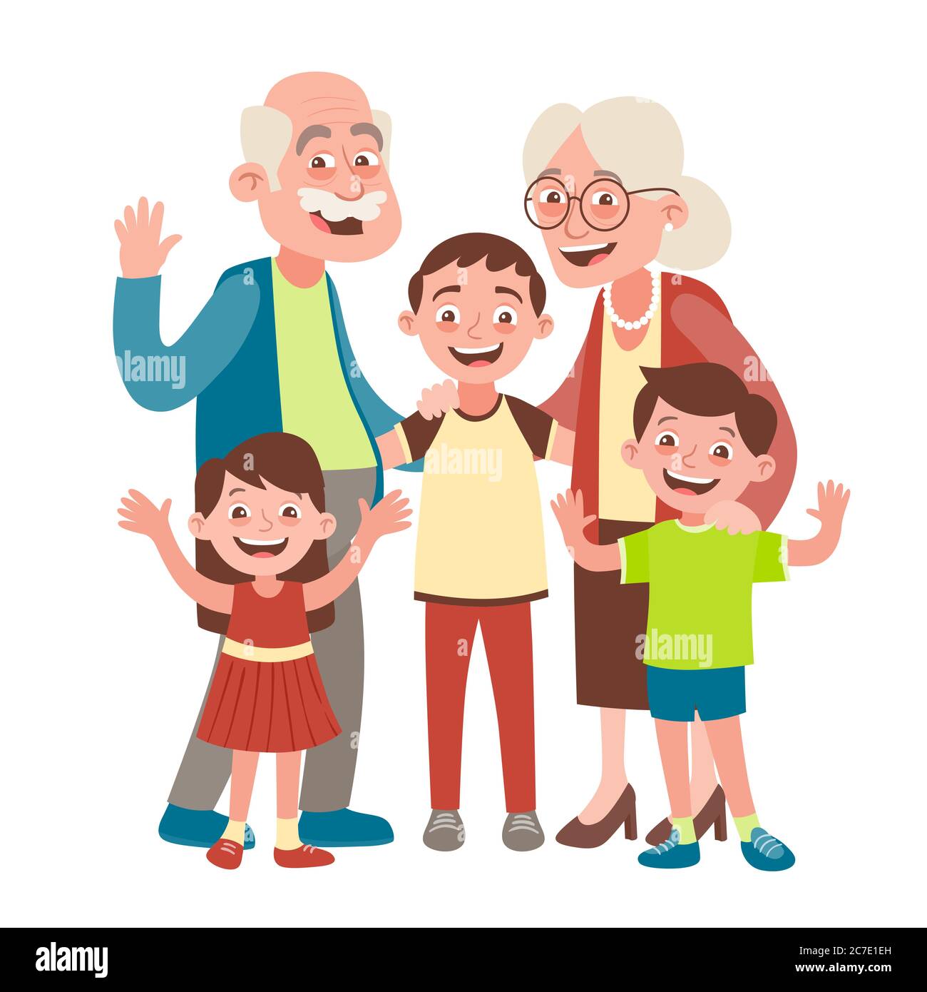 Großeltern, Enkel und zwei Enkel Porträt. Happy Großeltern Tag Konzept. Vektor-Illustration im Cartoon-Stil, isoliert auf weißem Hintergrund Stock Vektor