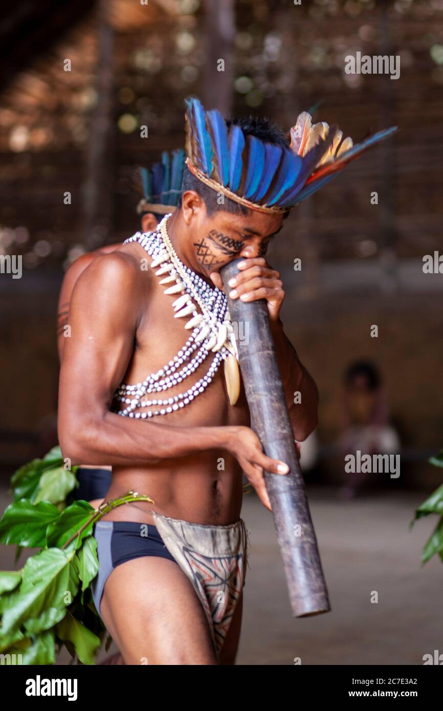 Ein indigener Mann aus dem Amazonas mit gefiedertem Kopfschmuck und Gesichtsfarbe spielt ein zeremonielles Instrument, um die kulturellen Traditionen Brasiliens zu feiern. Stockfoto