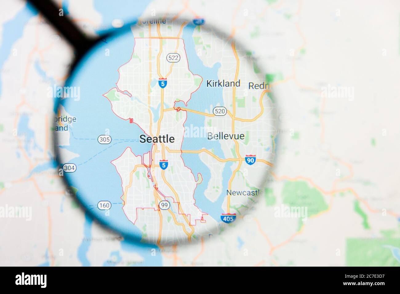 Seattle, Vereinigte Staaten Stadt Visualisierung illustrative Konzept auf Bildschirm durch Lupe Stockfoto