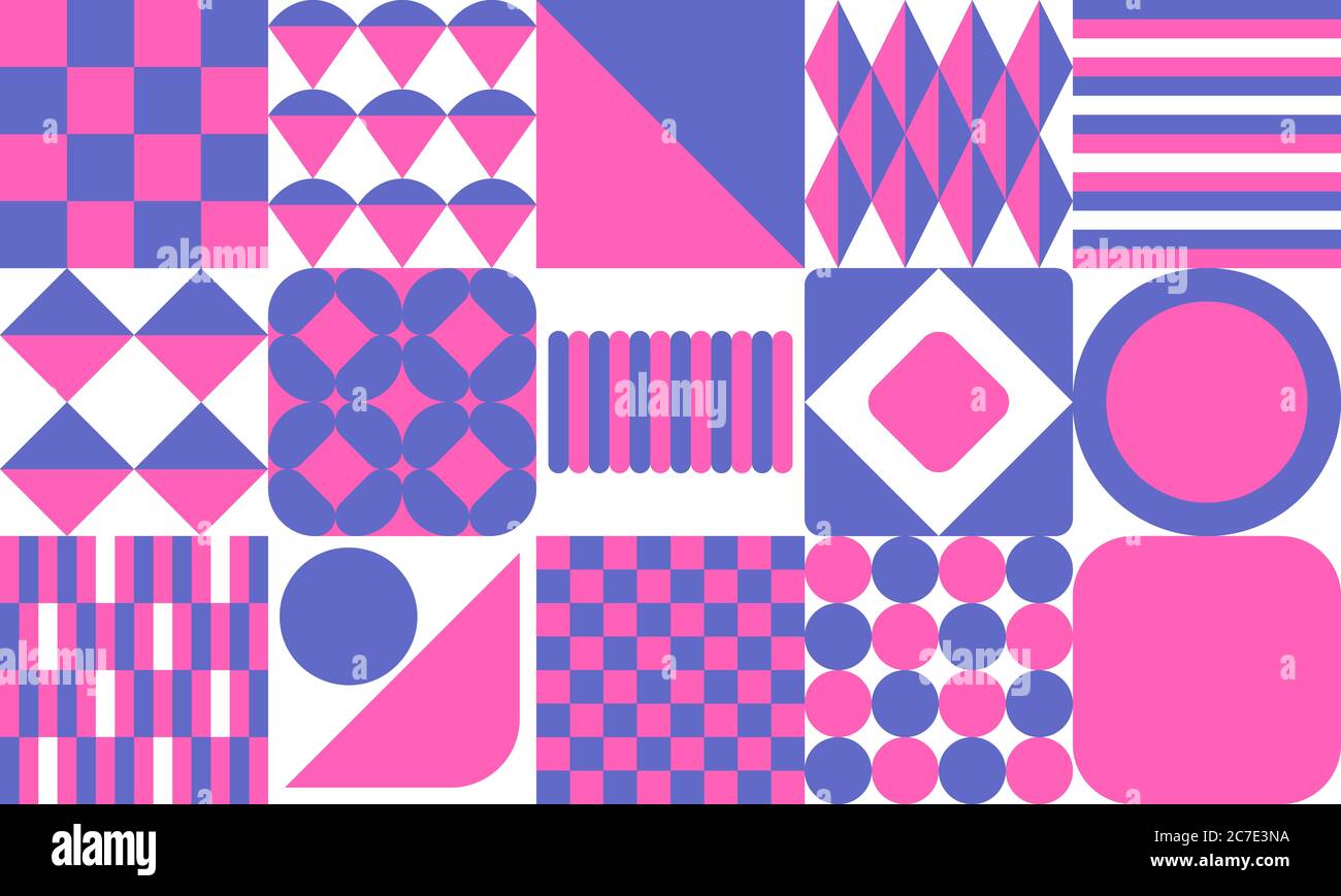 Geometrische minimalistische Fliesenmuster, Set von rosa und lila Quadrate und Kreise auf weißem Hintergrund - Tapete Design Illustration. Stockfoto