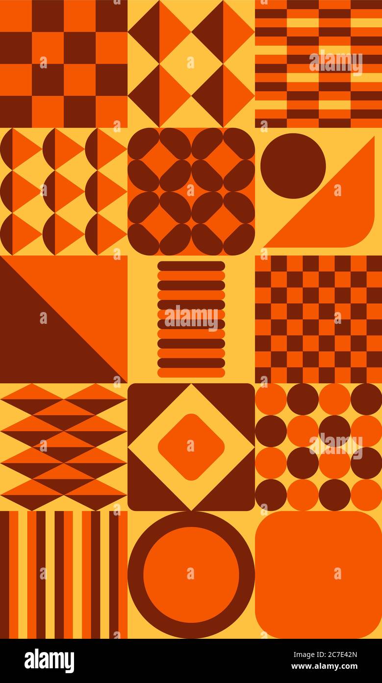 Retro-Muster der 60er und 70er Jahre. Orange, braun und gelb geometrischen Vintage Fliesen Hintergrund mit Quadraten und Kreisen - Tapete Grafik. Stockfoto