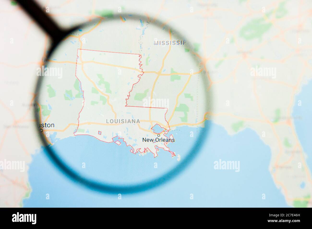 Los Angeles, Kalifornien, USA - 15. März 2019: Louisiana, LA State of America Visualisierung illustratives Konzept auf dem Bildschirm durch Vergrößerungen Stockfoto