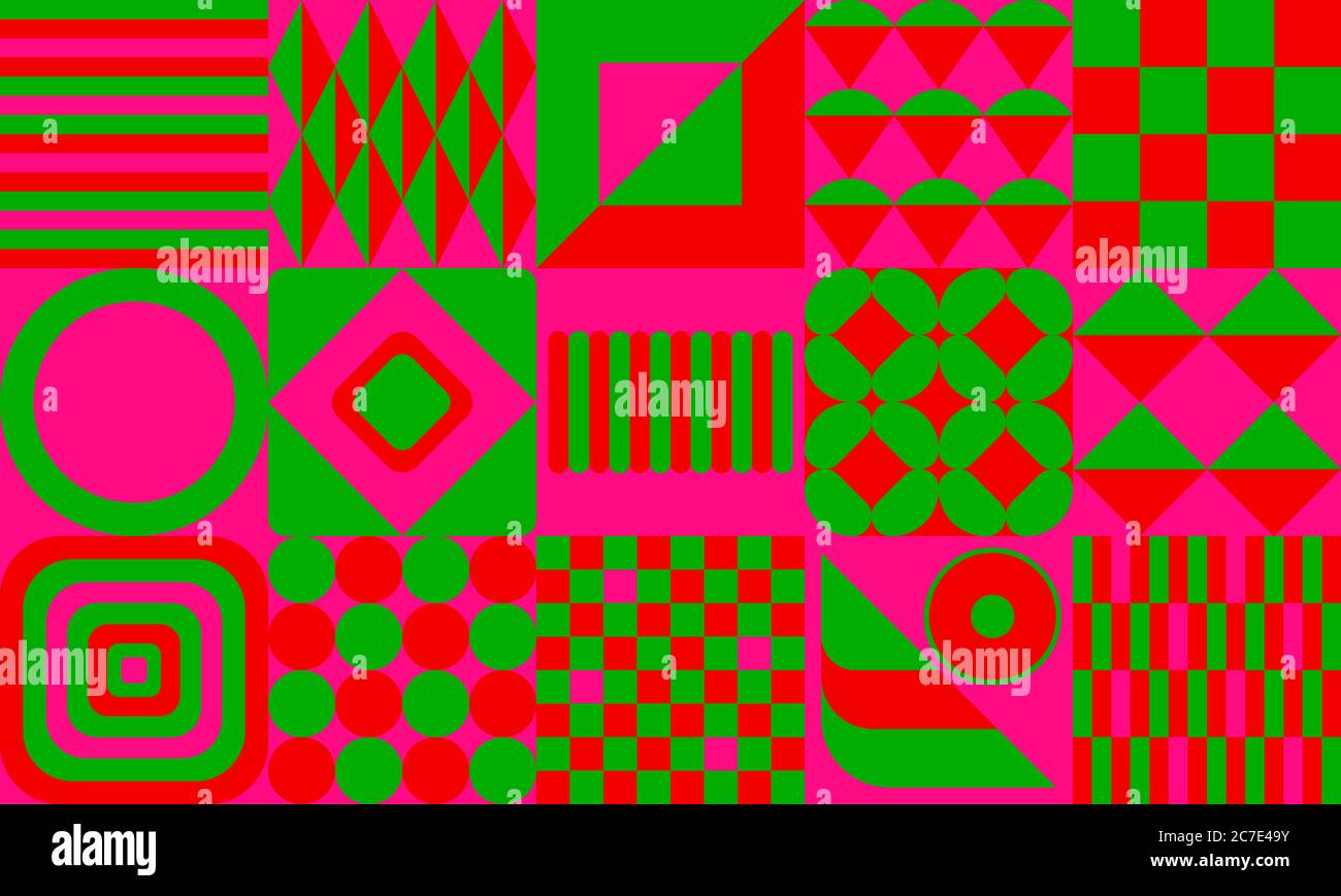 Extrem starker Farbkontrast. Grün, rot, rosa geometrische Muster Hintergrund mit Quadraten und Kreisen - Tapete grafische Illustration. Stockfoto