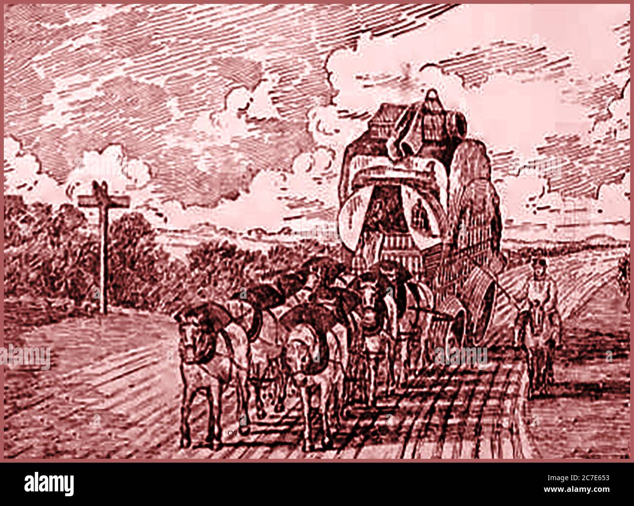 Ein englischer Bühnenwagen aus dem 19. Jahrhundert. Wie die Bühnenkutschen beförderte sie Passagiere, war aber wirklich darauf ausgelegt, Güter landesweit über weite Strecken (Schwergutfrachter) zu verteilen. Es war langsam und verwendet schwere Zugpferde und wurde im Allgemeinen von einem "Fluss", der neben auf dem Pferd ritt gesteuert. Stockfoto