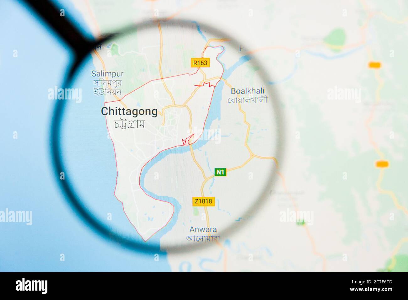 Chittagong, Bangladesh Stadt Visualisierung illustrative Konzept auf Display-Bildschirm durch Lupe Stockfoto