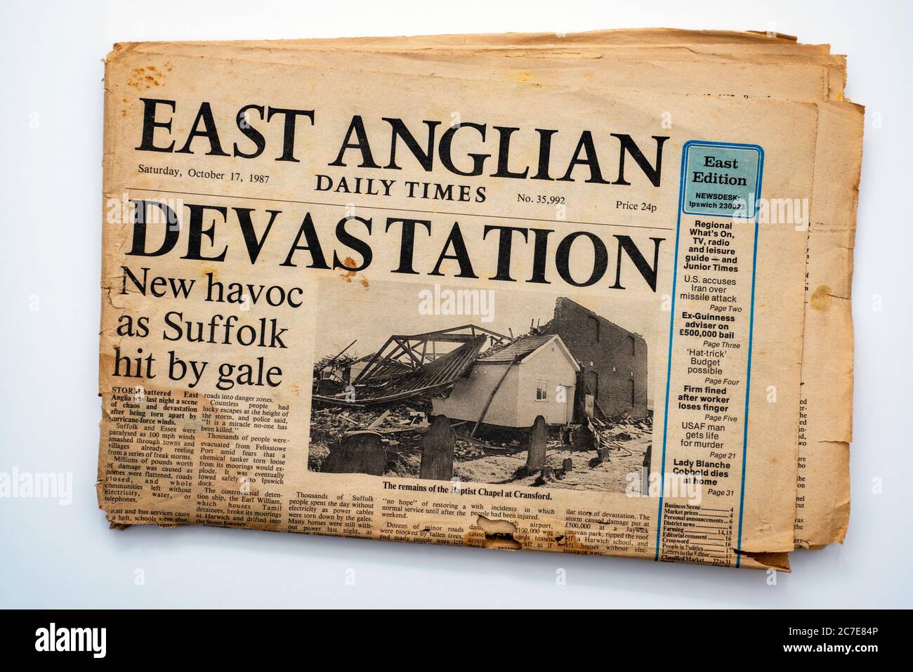 Kopie der East Anglia Daily Times nach dem großen Sturm 1987 Stockfoto